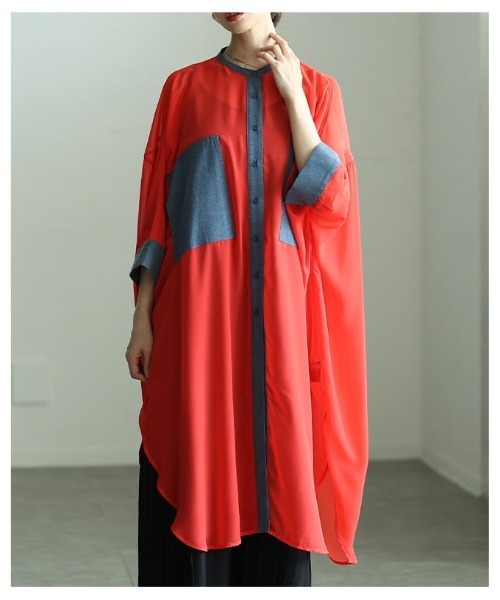 Sawa a la mode（サワアラモード）の「配色切り替えシアーロングシャツ（シャツ/ブラウス・レディース・ブラック/オレンジ・FREE）」の5枚目の写真