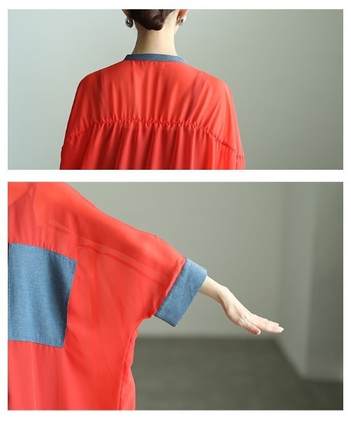 Sawa a la mode（サワアラモード）の「配色切り替えシアーロングシャツ（シャツ/ブラウス・レディース・ブラック/オレンジ・FREE）」の6枚目の写真