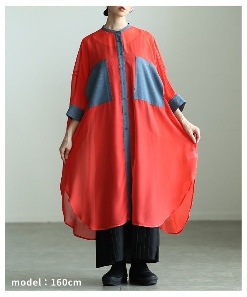 Sawa a la mode（サワアラモード）の「配色切り替えシアーロングシャツ（シャツ/ブラウス・レディース・ブラック/オレンジ・FREE）」の8枚目の写真