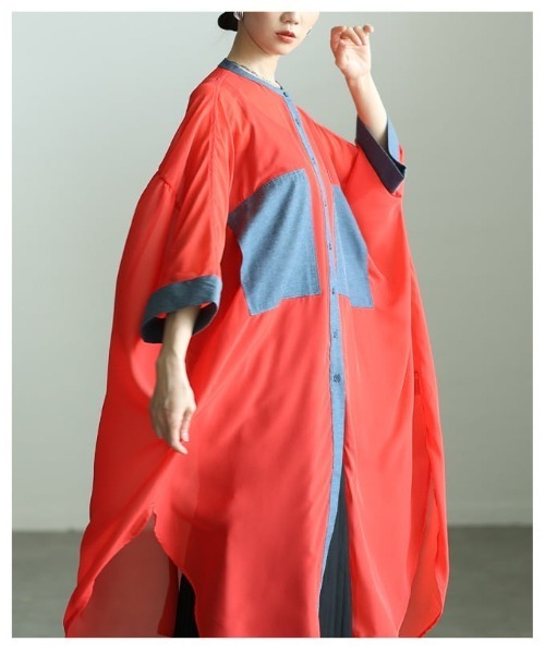 Sawa a la mode（サワアラモード）の「配色切り替えシアーロングシャツ（シャツ/ブラウス・レディース・ブラック/オレンジ・FREE）」の9枚目の写真