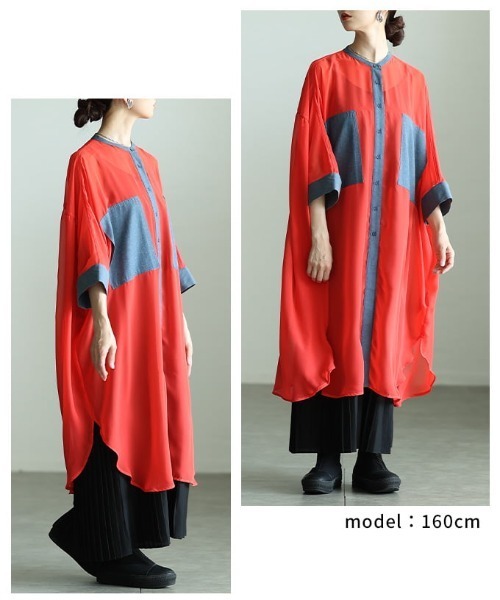 Sawa a la mode（サワアラモード）の「配色切り替えシアーロングシャツ（シャツ/ブラウス・レディース・ブラック/オレンジ・FREE）」の11枚目の写真