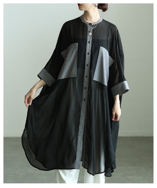 Sawa a la mode（サワアラモード）の「配色切り替えシアーロングシャツ（シャツ/ブラウス・レディース・ブラック/オレンジ・FREE）」の15枚目の写真