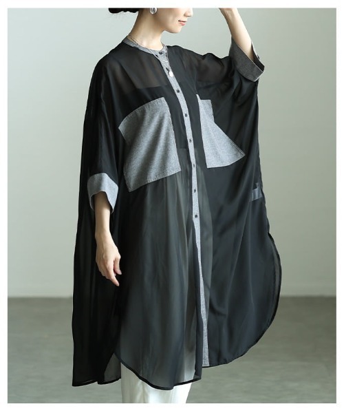 Sawa a la mode（サワアラモード）の「配色切り替えシアーロングシャツ（シャツ/ブラウス・レディース・ブラック/オレンジ・FREE）」の16枚目の写真
