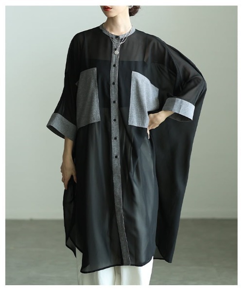 Sawa a la mode（サワアラモード）の「配色切り替えシアーロングシャツ（シャツ/ブラウス・レディース・ブラック/オレンジ・FREE）」の19枚目の写真