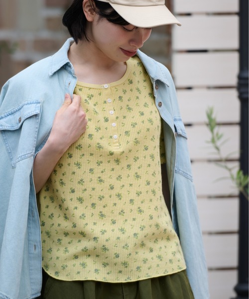 JEMORGAN(ジェーイーモーガン)の「ワッフルフラワー柄 ピグメントハーフスリーブヘンリーT(パック入)(Tシャツ/カットソー・レディース・グレー/グリーン/イエロー/ブルー・FREE)」の5枚目の写真