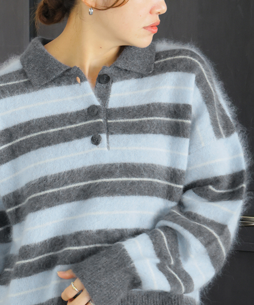 JOURNAL STANDARD(ジャーナルスタンダード)の「FLUFFY KNIT ポロシャツ(ニット/セーター・レディース・ブラウン/ホワイト/サックスブルー・FREE)」の3枚目の写真
