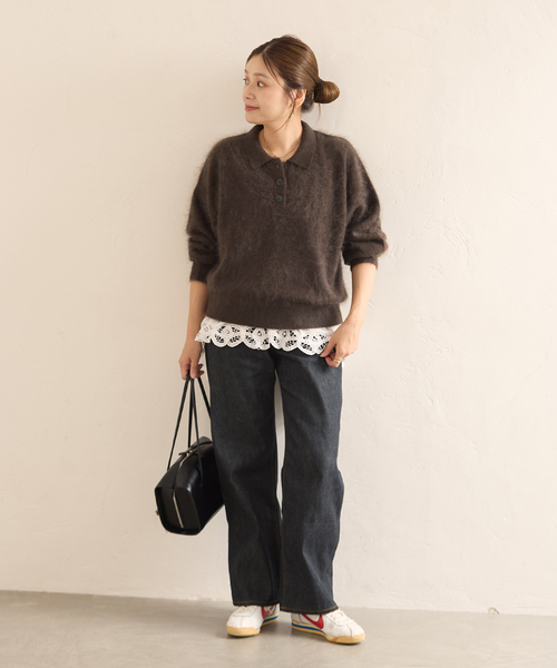 JOURNAL STANDARD(ジャーナルスタンダード)の「FLUFFY KNIT ポロシャツ(ニット/セーター・レディース・ブラウン/ホワイト/サックスブルー・FREE)」の4枚目の写真