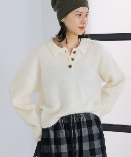 JOURNAL STANDARD(ジャーナルスタンダード)の「FLUFFY KNIT ポロシャツ(ニット/セーター・レディース・ブラウン/ホワイト/サックスブルー・FREE)」の16枚目の写真