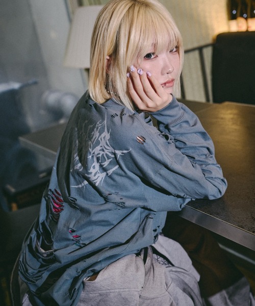 GALFY(ガルフィー)の「GALFY/ガルフィー/大ダメージロンTee(Tシャツ/カットソー・メンズ・ブルーグレー/ブラック/アッシュ・M/XL/L)」の2枚目の写真