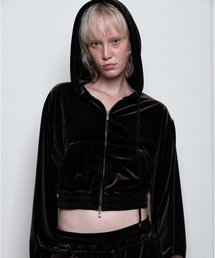 HOTFIX LOGO VELVET HOODIE ZIP-UP, BROWN