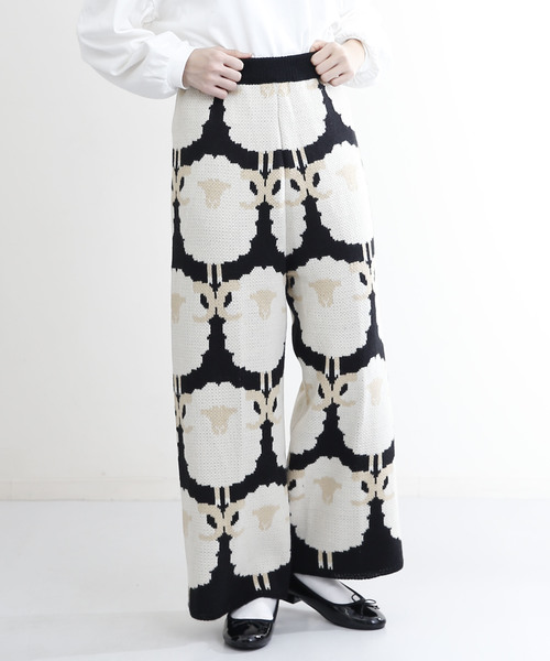MERLOT（メルロー）の「ひつじ柄ワイドニットパンツ2501（その他パンツ・レディース・ブラック/モカ・FREE）」の2枚目の写真