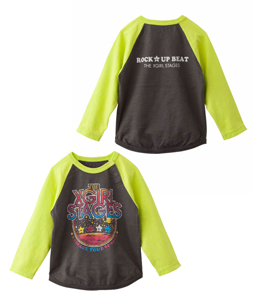 X-girl Stages(エックスガールステージス)の「B/B TEE “ROCK UP BEAT!” (4T~7T)(Tシャツ/カットソー・キッズ・マルチ/レッド/ライトグリーン・4T/5T/6T/7T)」の1枚目の写真