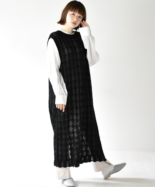 RETRO GIRL（レトロガール）の「スカシ編みロングベスト（ベスト・レディース・ブラック/オフホワイト/ライトベージュ・FREE）」の11枚目の写真