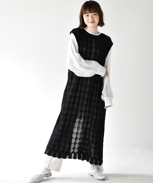 RETRO GIRL（レトロガール）の「スカシ編みロングベスト（ベスト・レディース・ブラック/オフホワイト/ライトベージュ・FREE）」の8枚目の写真