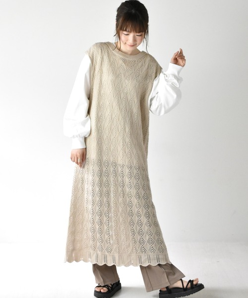 RETRO GIRL（レトロガール）の「スカシ編みロングベスト（ベスト・レディース・ブラック/オフホワイト/ライトベージュ・FREE）」の16枚目の写真