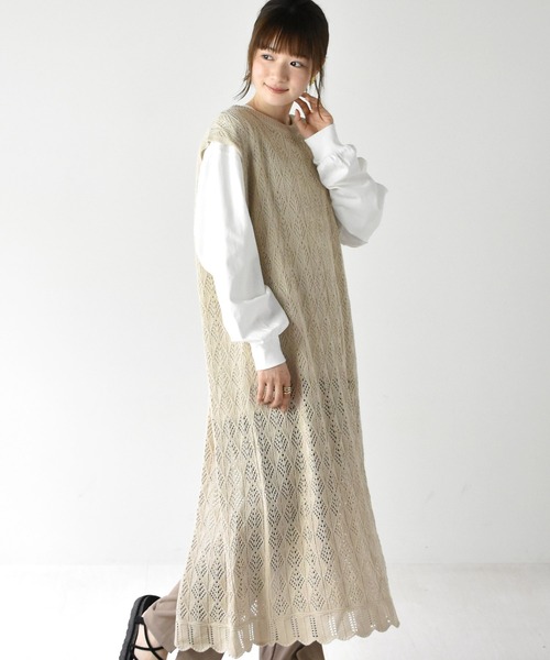 RETRO GIRL（レトロガール）の「スカシ編みロングベスト（ベスト・レディース・ブラック/オフホワイト/ライトベージュ・FREE）」の12枚目の写真