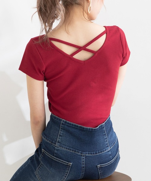 Newlyme（ニューリーミー）の「前後2WAYクロスリブ半袖トップス（Tシャツ/カットソー・レディース・カーキ/ホワイト/ブラック/ボルドー・LARGE/XX-LARGE/MEDIUM/X-LARGE）」の4枚目の写真