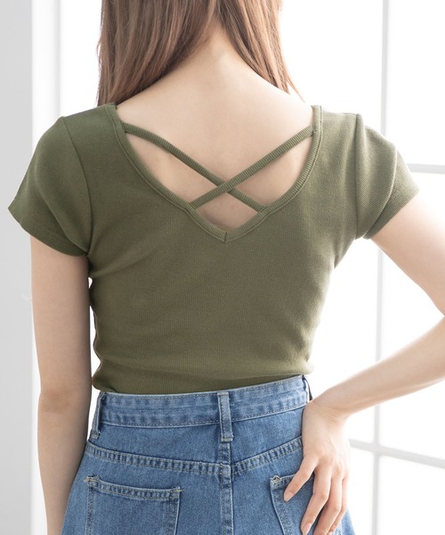 Newlyme（ニューリーミー）の「前後2WAYクロスリブ半袖トップス（Tシャツ/カットソー・レディース・カーキ/ホワイト/ブラック/ボルドー・LARGE/XX-LARGE/MEDIUM/X-LARGE）」の16枚目の写真