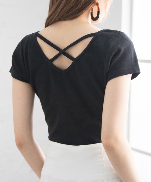 Newlyme（ニューリーミー）の「前後2WAYクロスリブ半袖トップス（Tシャツ/カットソー・レディース・カーキ/ホワイト/ブラック/ボルドー・LARGE/XX-LARGE/MEDIUM/X-LARGE）」の7枚目の写真