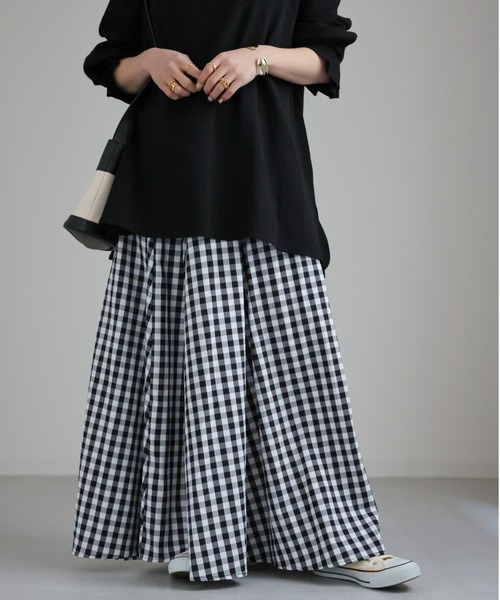 ö　リネン　ギンガム　ボリューム　フレアスカート セール】ギンガムチェック/無地ボリュームフレアマキシスカート