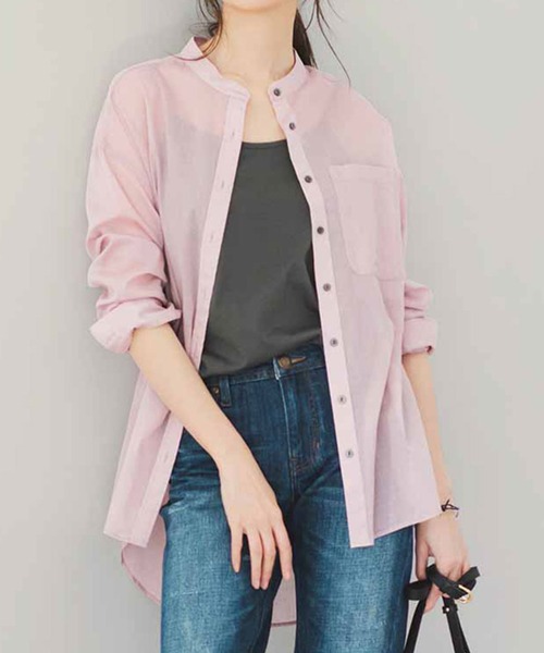 Live in comfort（リブインコンフォート）の「リブ　イン　コンフォート　サラッとはおって大人のおしゃれ　着こなしの幅も広がるコットンシアーシャツ（シャツ/ブラウス・レディース・ピンク系その他/グリーン/チャコールグレー/オレンジ系その他/ライトブルー・MEDIUM/LARGE/X-LARGE/XX-LARGE/XXX-LARGE/SMALL）」の4枚目の写真