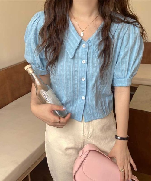 MANGROVE（マングローブ）の「ラインエンブロイダリーパフブラウス（シャツ/ブラウス・レディース・ホワイト/ベージュ/イエロー/ブルー・FREE）」の3枚目の写真