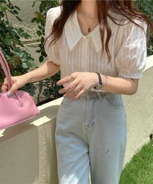 MANGROVE（マングローブ）の「ラインエンブロイダリーパフブラウス（シャツ/ブラウス・レディース・ホワイト/ベージュ/イエロー/ブルー・FREE）」の5枚目の写真