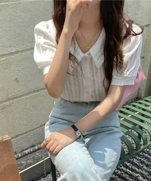 MANGROVE（マングローブ）の「ラインエンブロイダリーパフブラウス（シャツ/ブラウス・レディース・ホワイト/ベージュ/イエロー/ブルー・FREE）」の7枚目の写真