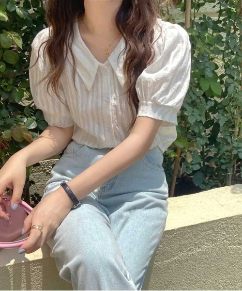 MANGROVE（マングローブ）の「ラインエンブロイダリーパフブラウス（シャツ/ブラウス・レディース・ホワイト/ベージュ/イエロー/ブルー・FREE）」の8枚目の写真