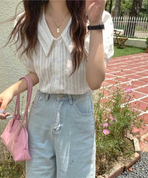 MANGROVE（マングローブ）の「ラインエンブロイダリーパフブラウス（シャツ/ブラウス・レディース・ホワイト/ベージュ/イエロー/ブルー・FREE）」の9枚目の写真