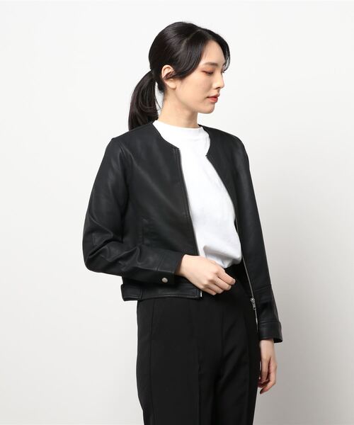 STYLEBLOCK（スタイルブロック）の「PUレザーノーカラーライダースジャケット（ライダースジャケット・レディース・ベージュ/アッシュグレー/キャメル/ブラック・L/M）」の2枚目の写真