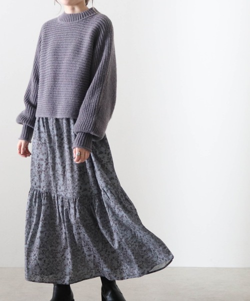 Cheek(チーク)の「畦ふんわりクロップドニット+花柄ワンピースセット(ワンピース・レディース・ベージュ/ネイビー/チャコールグレー・FREE)」の1枚目の写真