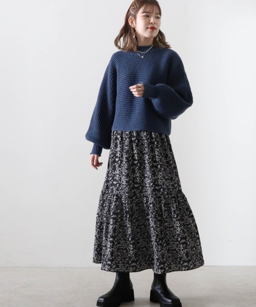 Cheek(チーク)の「畦ふんわりクロップドニット+花柄ワンピースセット(ワンピース・レディース・ベージュ/ネイビー/チャコールグレー・FREE)」の3枚目の写真