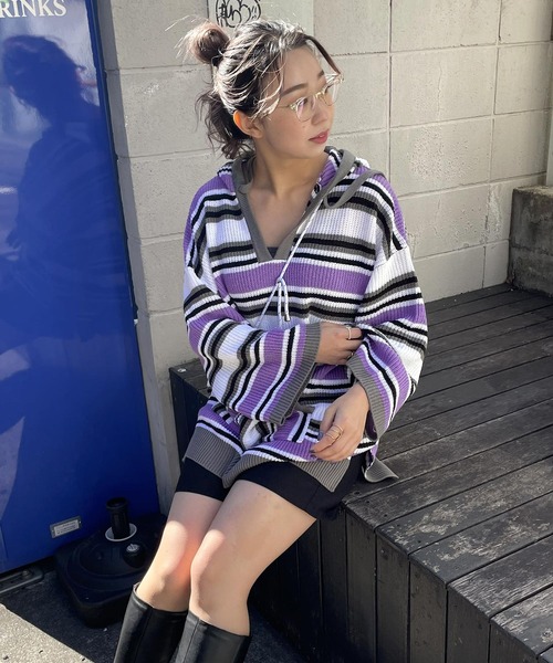 byYOUANCE(バイユアンス)の「メキシカンニットパーカー(パーカー・レディース・パープル/ブルー・FREE)」の1枚目の写真