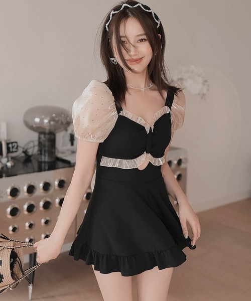 OSYAREVO(オシャレボ)の「バックリボン パフスリーブ ワンピース 水着 レディース(水着・レディース・ブラック/ブルー/ライトカーキ・MEDIUM/LARGE/X-LARGE)」の6枚目の写真