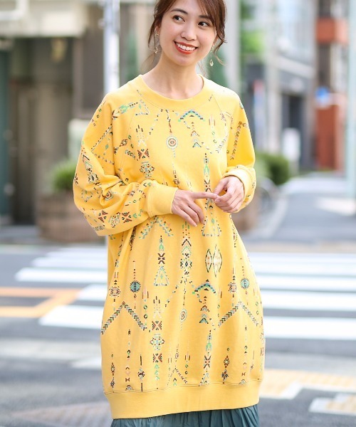 チチカカ（チチカカ）の「インディアンプリントスウェットワンピース（ワンピース・レディース・ブラック/ベージュ/イエロー・FREE）」の3枚目の写真