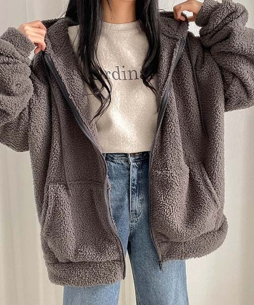 SONA（ソナ）の「SONYUNARA ボアフリースフードジップアップ（ブルゾン・レディース・ブラック/チャコールグレー/クリーム・ONESIZE）」の2枚目の写真
