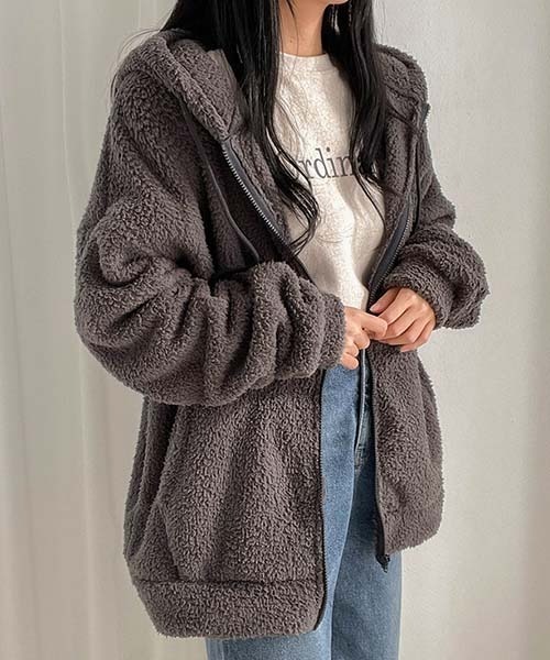 SONA（ソナ）の「SONYUNARA ボアフリースフードジップアップ（ブルゾン・レディース・ブラック/チャコールグレー/クリーム・ONESIZE）」の13枚目の写真
