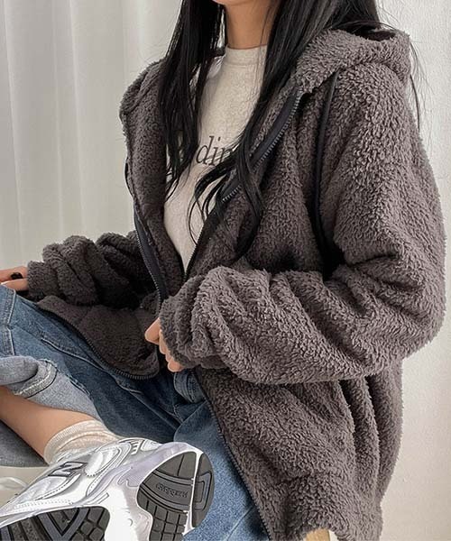 SONA（ソナ）の「SONYUNARA ボアフリースフードジップアップ（ブルゾン・レディース・ブラック/チャコールグレー/クリーム・ONESIZE）」の14枚目の写真
