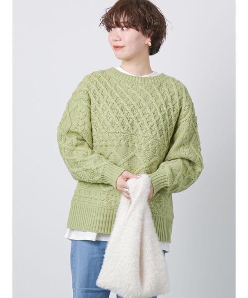 Lugnoncure(ルノンキュール)の「ローゲージパッチワークケーブルニット(ニット/セーター・レディース・オフホワイト/ネイビー/グリーン・フリ-)」の4枚目の写真