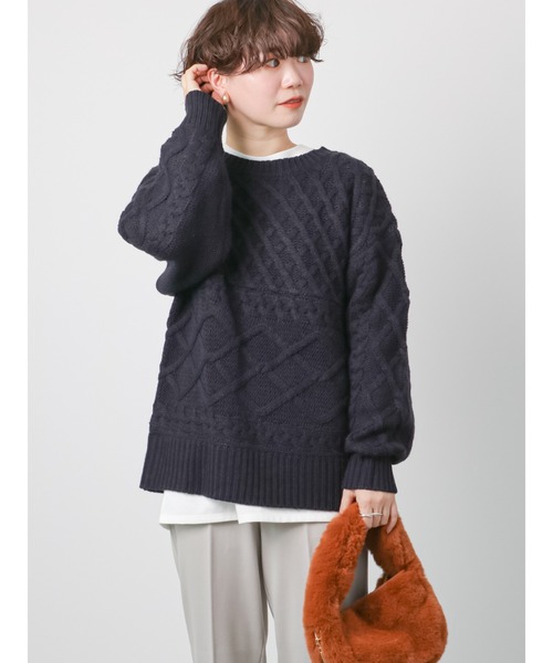 Lugnoncure(ルノンキュール)の「ローゲージパッチワークケーブルニット(ニット/セーター・レディース・オフホワイト/ネイビー/グリーン・フリ-)」の3枚目の写真