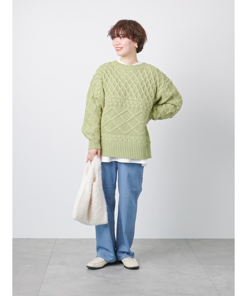 Lugnoncure(ルノンキュール)の「ローゲージパッチワークケーブルニット(ニット/セーター・レディース・オフホワイト/ネイビー/グリーン・フリ-)」の6枚目の写真
