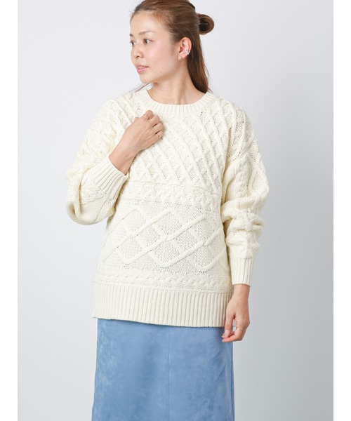 Lugnoncure(ルノンキュール)の「ローゲージパッチワークケーブルニット(ニット/セーター・レディース・オフホワイト/ネイビー/グリーン・フリ-)」の8枚目の写真