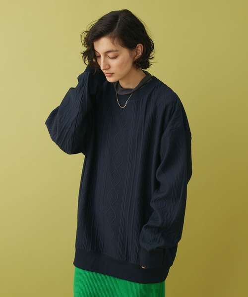 CRAFT STANDARD BOUTIQUE(クラフトスタンダードブティック)の「ケーブル柄JQカットスウェット(スウェット・メンズ・グレー系その他/ブラック/ホワイト系その他/ダークネイビー・L/LL/M)」の4枚目の写真
