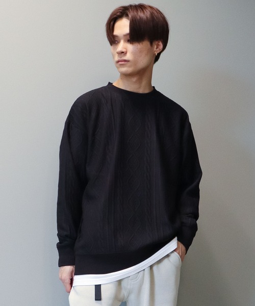 CRAFT STANDARD BOUTIQUE(クラフトスタンダードブティック)の「ケーブル柄JQカットスウェット(スウェット・メンズ・グレー系その他/ブラック/ホワイト系その他/ダークネイビー・L/LL/M)」の1枚目の写真