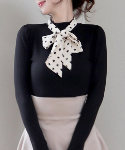 ROYAL PARTY（ロイヤルパーティー）の「スカーフ付長袖カットトップス（Tシャツ/カットソー・レディース・グリーン/モカ/ブラック・FREE）」の7枚目の写真