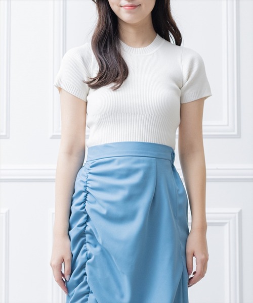 clear(クリア)の「×半袖編地切替ショートニットトップス(ニット/セーター・レディース・オレンジ/ブルー/ホワイト×ネイビー/ホワイト×レッド/オフホワイト/ブラック・F)」の2枚目の写真