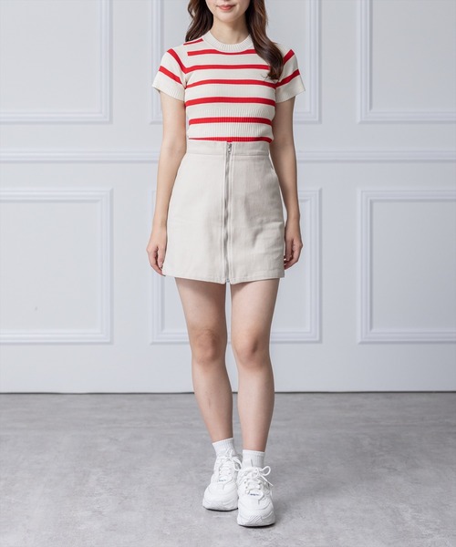 clear(クリア)の「×半袖編地切替ショートニットトップス(ニット/セーター・レディース・オレンジ/ブルー/ホワイト×ネイビー/ホワイト×レッド/オフホワイト/ブラック・F)」の14枚目の写真