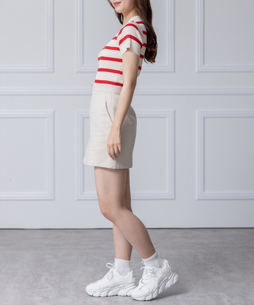 clear(クリア)の「×半袖編地切替ショートニットトップス(ニット/セーター・レディース・オレンジ/ブルー/ホワイト×ネイビー/ホワイト×レッド/オフホワイト/ブラック・F)」の16枚目の写真