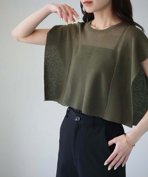 cheriella（シェリエラ）の「【cheriella】スクエアスリーブシアーショートニット SQUARE SLEEVE SHEER SHORT KNIT（ニット/セーター・レディース・ブルー/ライトベージュ/ブラック/カーキ・M）」の4枚目の写真